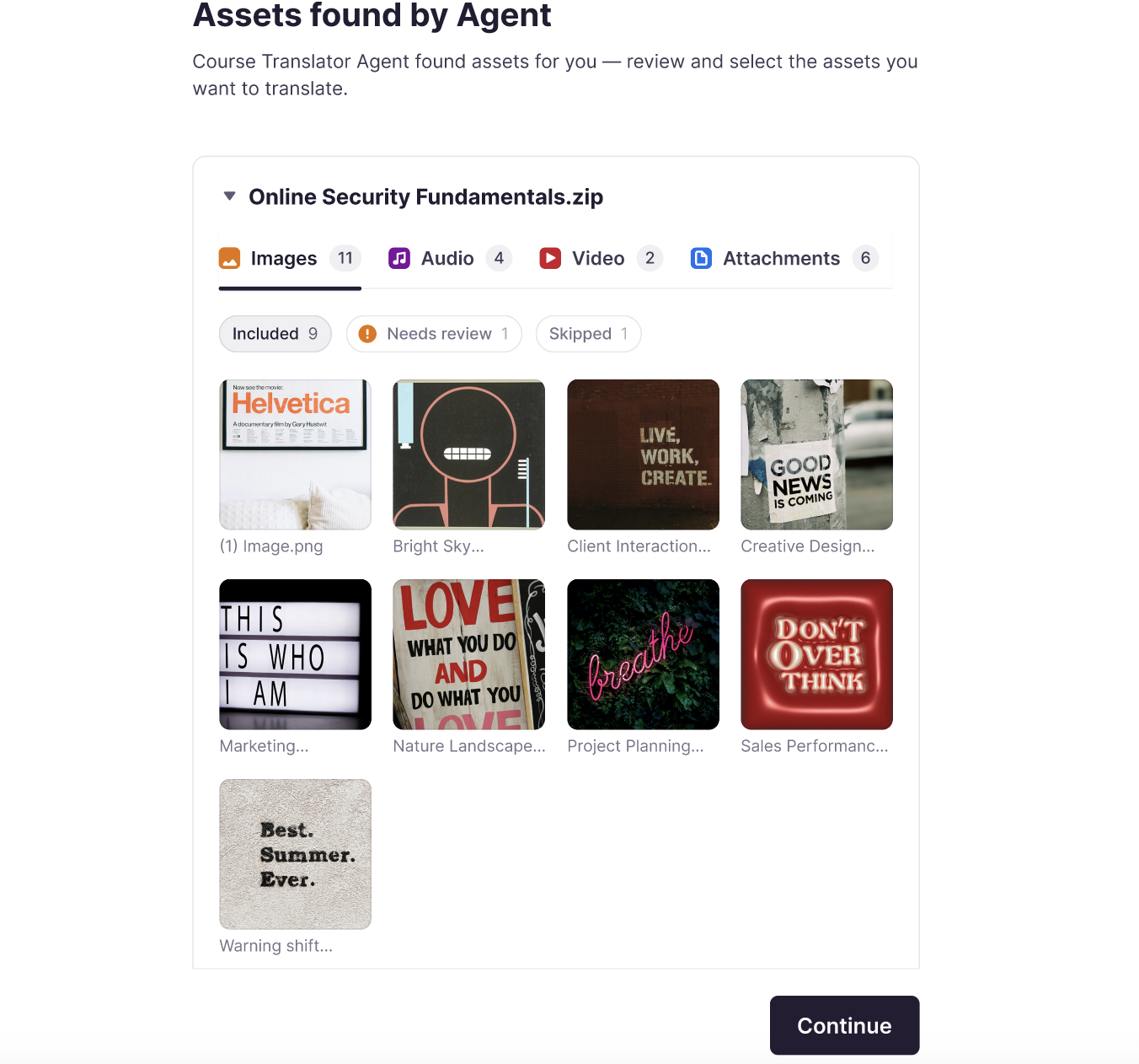 Asset review screen showing detected course assets grouped by Translate, Needs Review, and Skipped