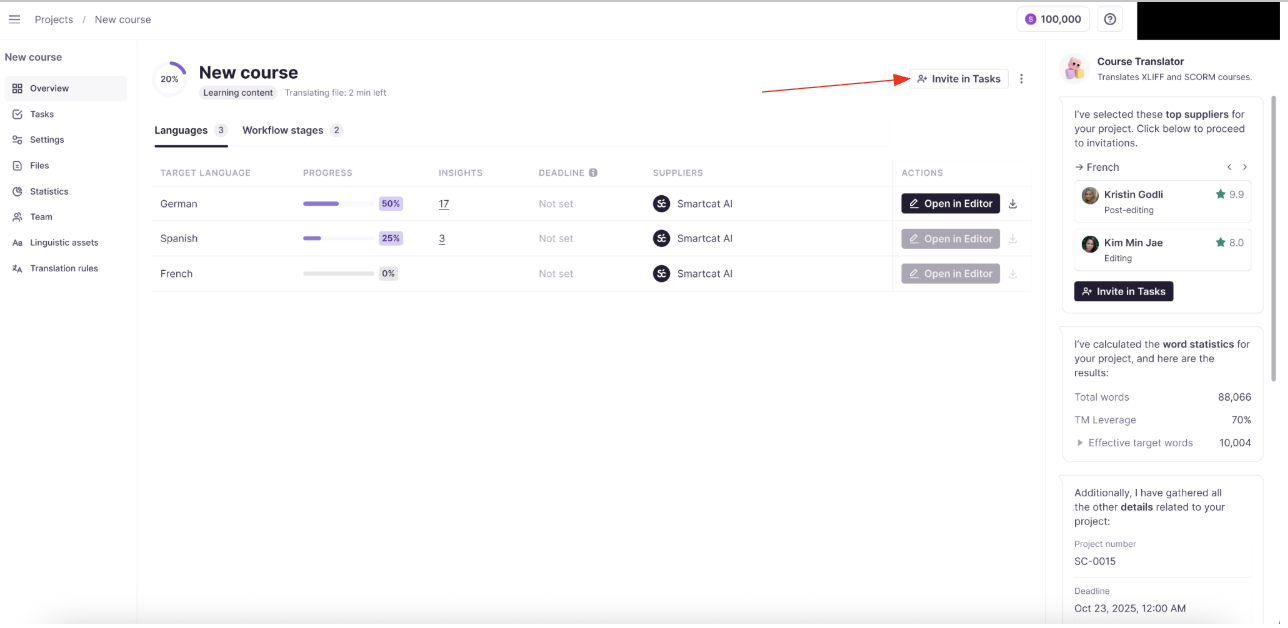 Projects window showing translation progress bars per language with an Invite in Tasks button