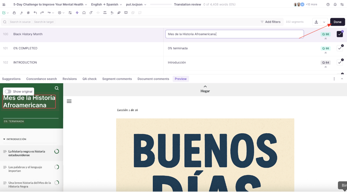 Editor with the Done button highlighted to confirm translation edits