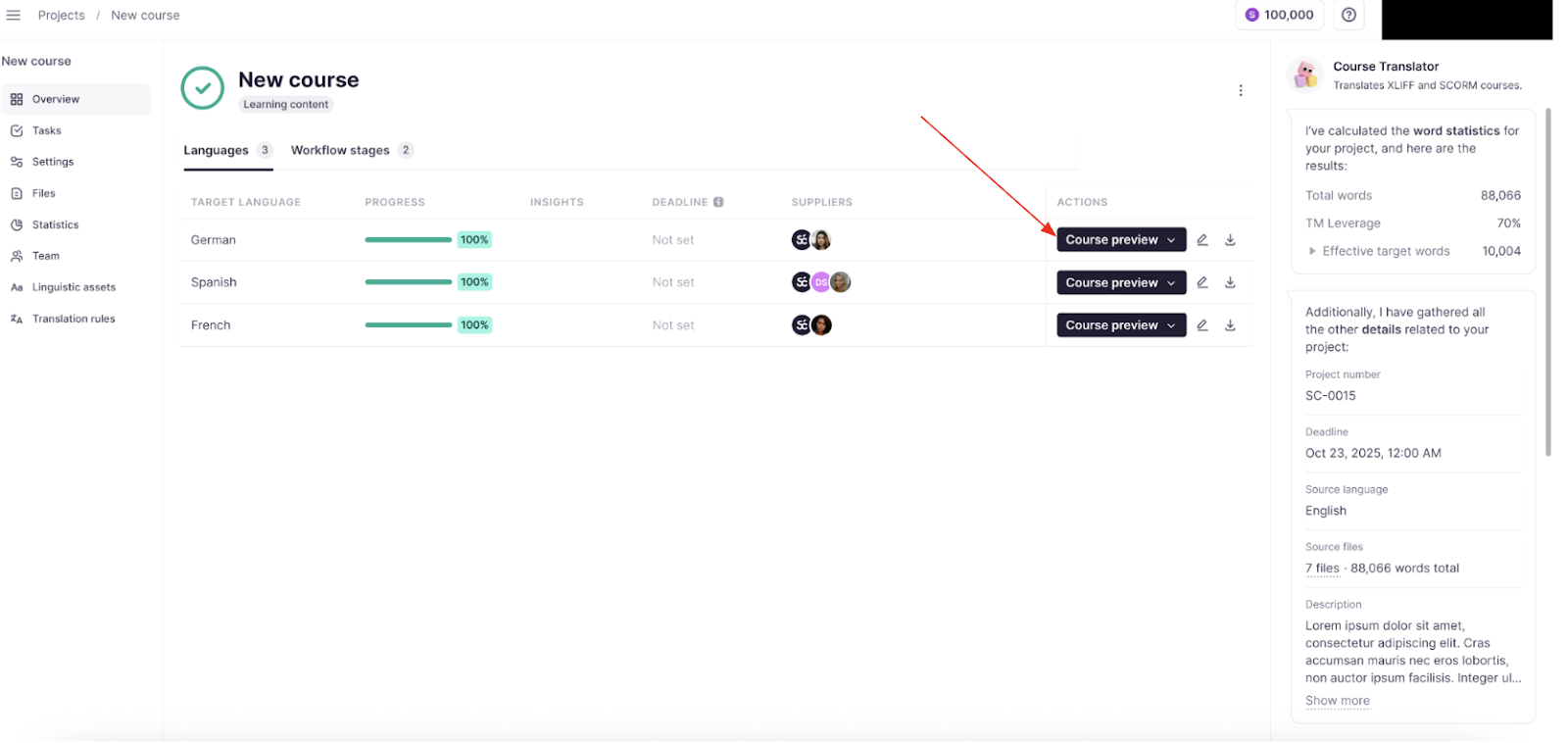 Course preview showing the translated course rendered across desktop and mobile layouts