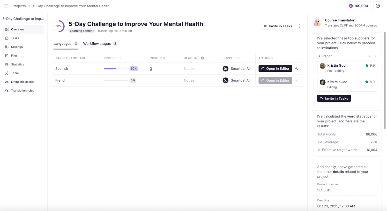 Smartcat Projects view with the imported course translation project