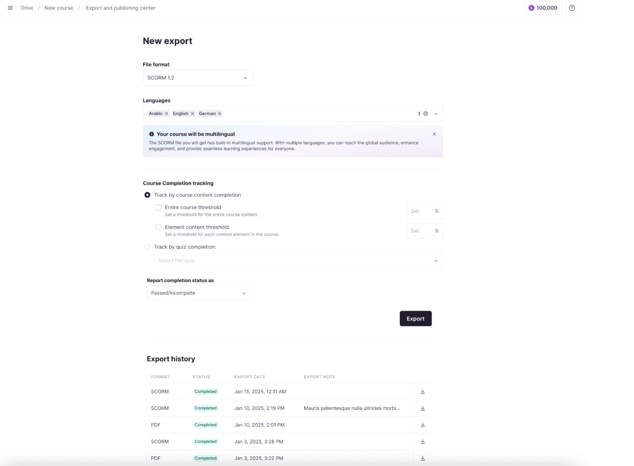 Export dialog with SCORM version, language selection, and tracking options