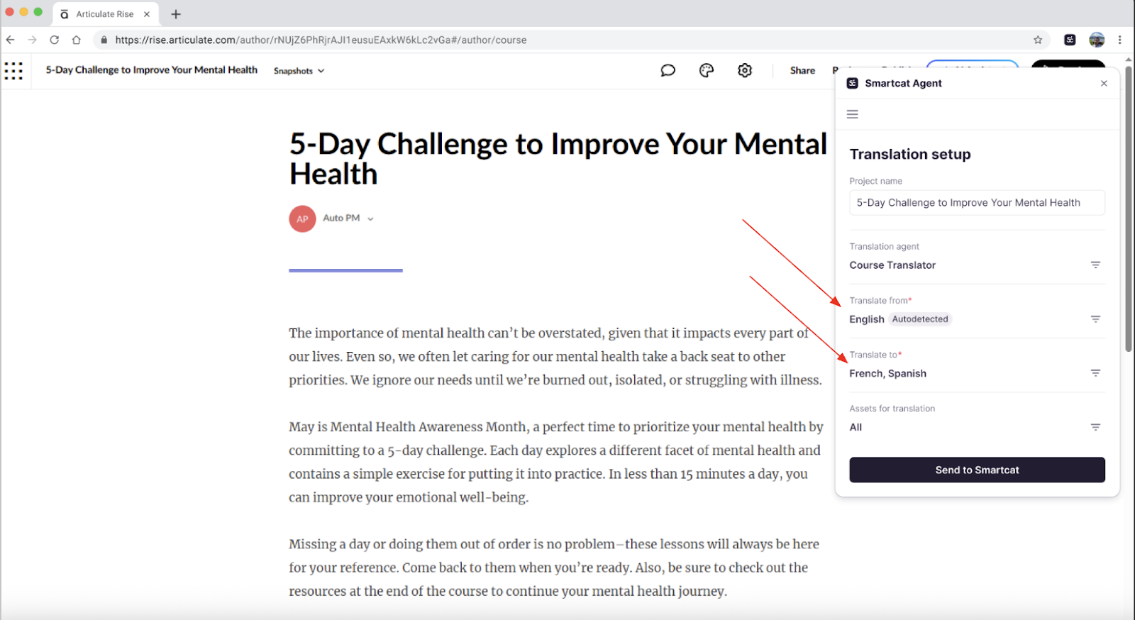 Smartcat browser extension open over an Articulate Rise course with language selection