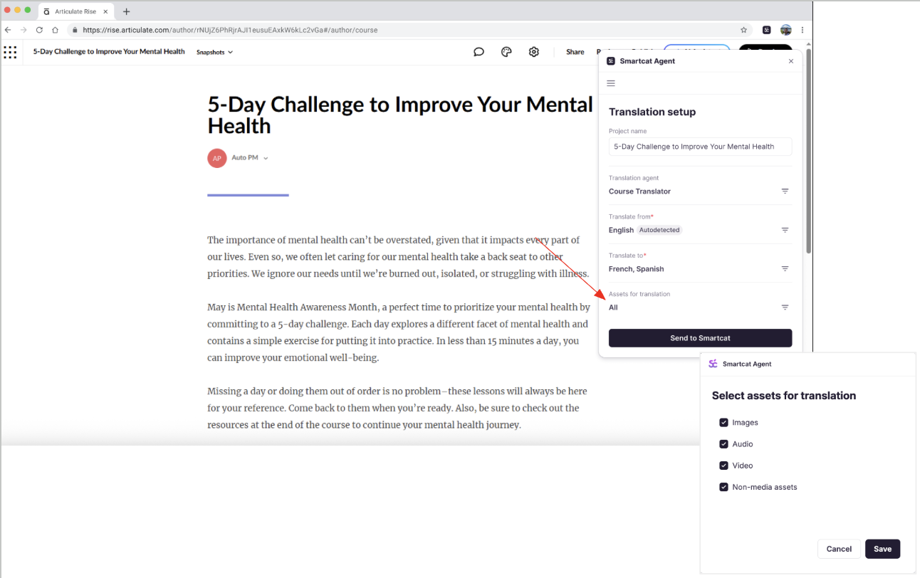 Extension asset selection with checkboxes for text, images, and video and a Send to Smartcat button