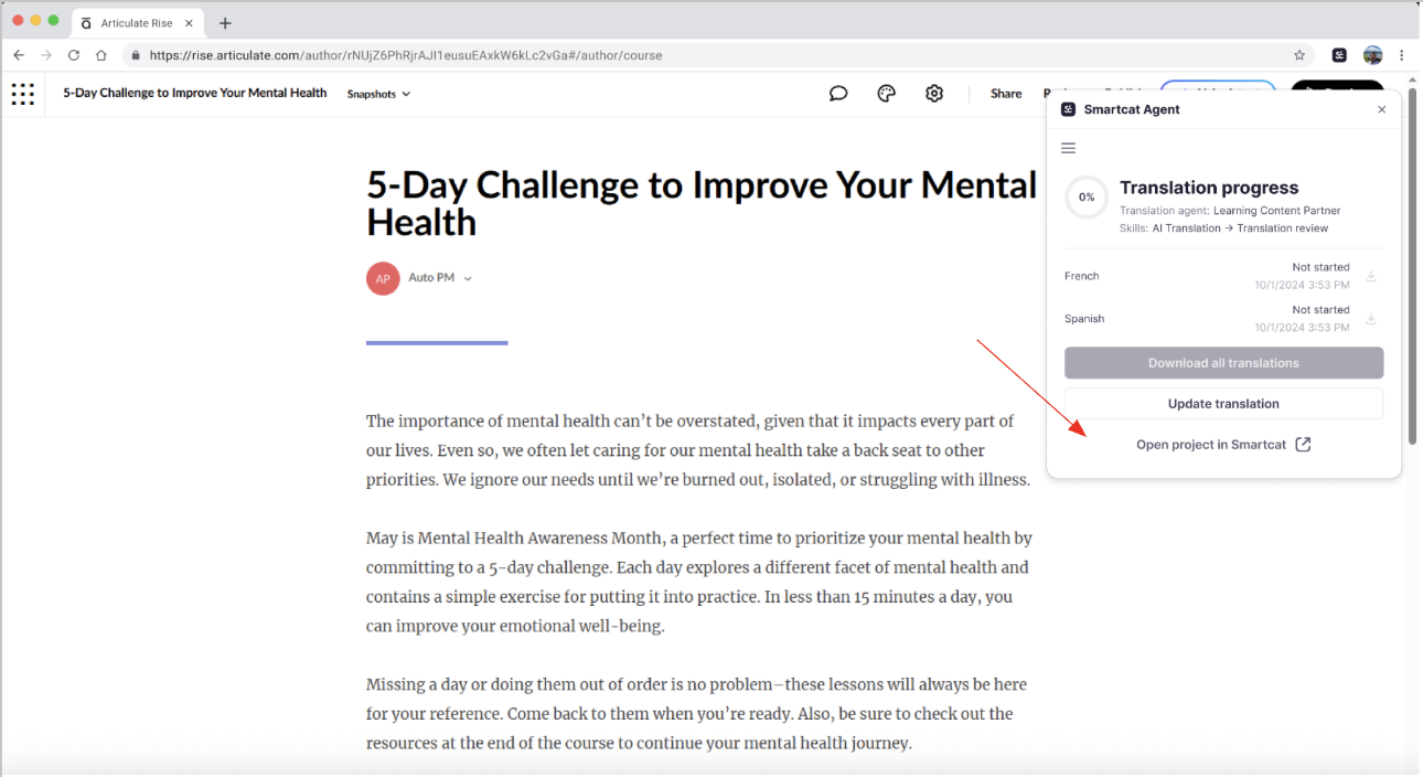 Extension with the Open project in Smartcat button