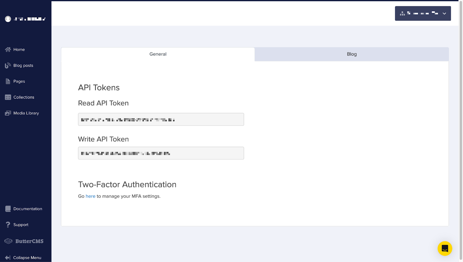 ButterCMS settings screen displaying the Read and Write API keys