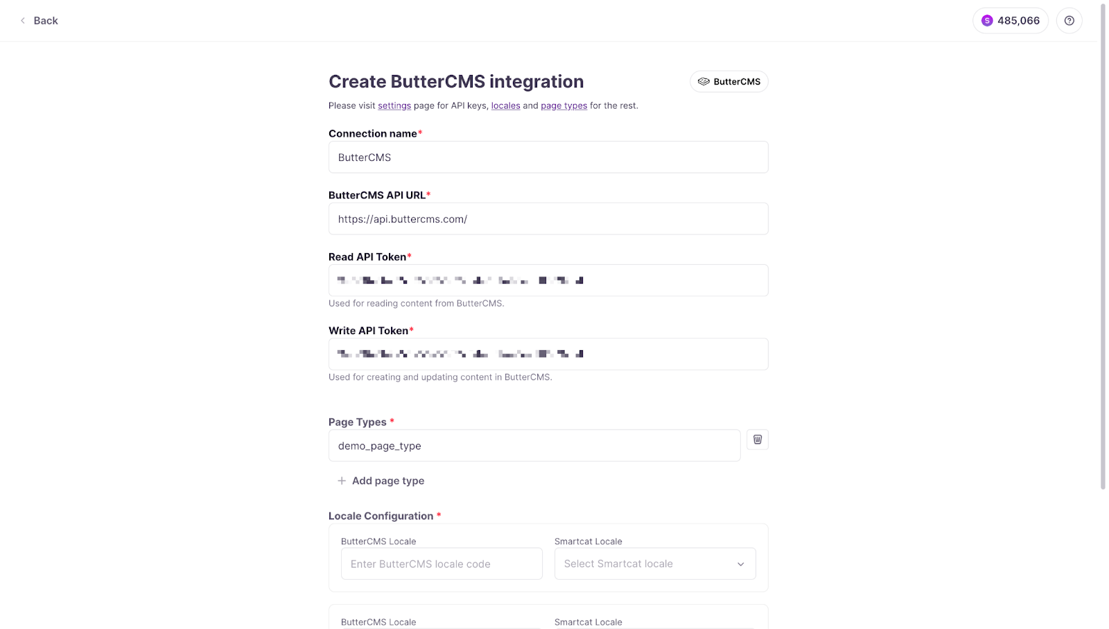 Smartcat Create Integration form showing added page types