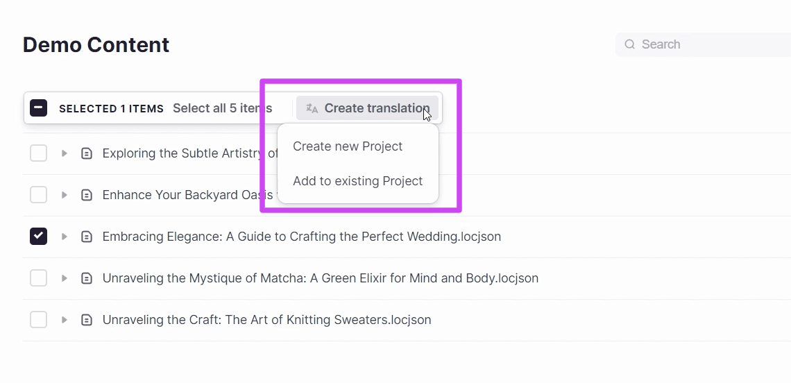 Content list in the integration with the Create translation action