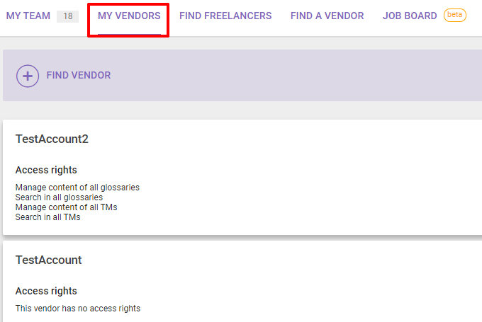 My Vendors tab in the Team section listing supplier companies