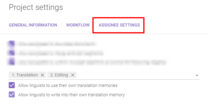 Project settings controlling translation memory write access for the vendor