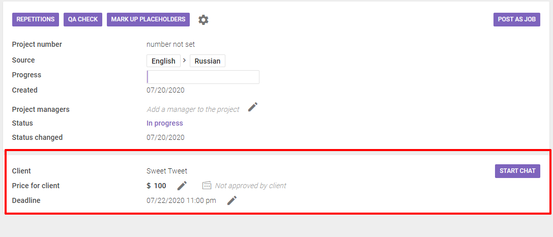 Project page on the vendor side showing cost, deadline, and payment status fields