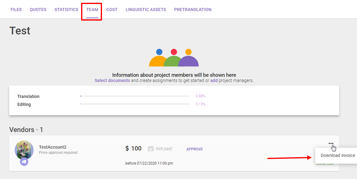 Team tab on the client side with the downloadable quote or invoice