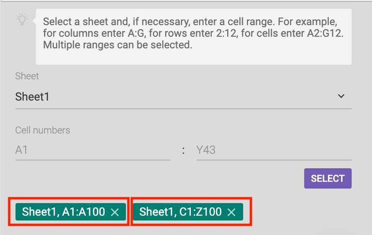 Excel range selection settings with annotated rules for including and excluding columns and rows