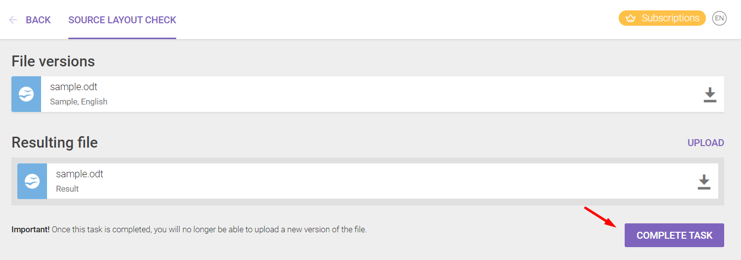 The Complete task button on the source layout check page