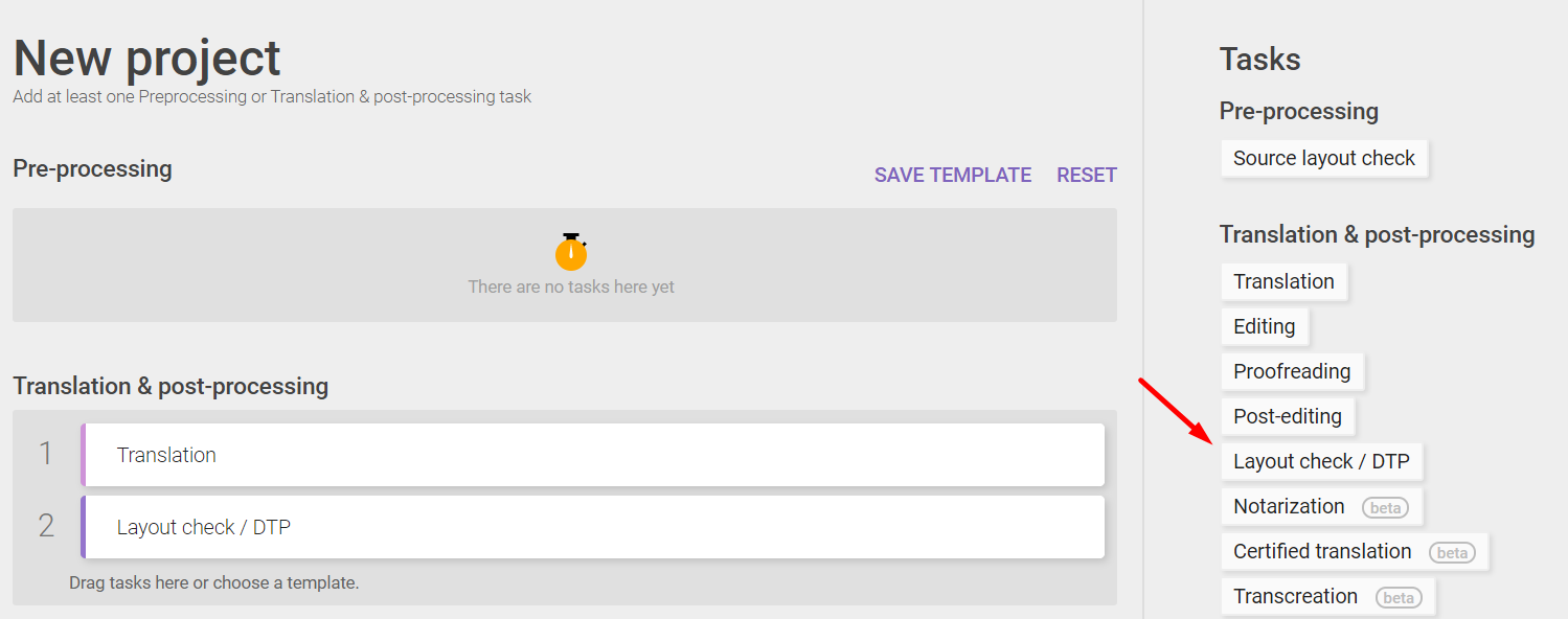 Project settings showing the layout check/DTP workflow step