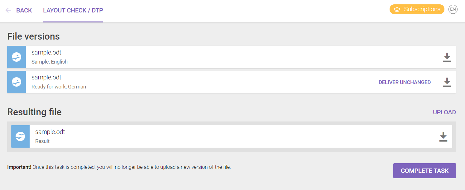 Layout check/DTP page with the Deliver unchanged button