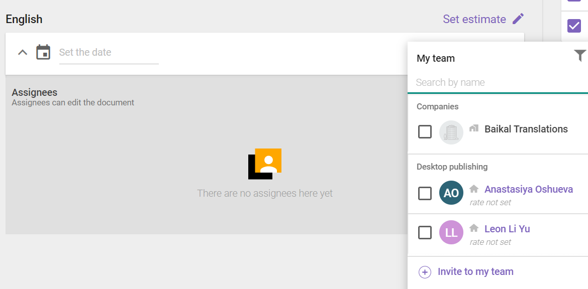 Task assignment page for the layout check with a list of team members