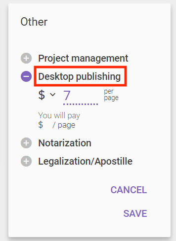 Service settings with Desktop publishing selected and a rate field