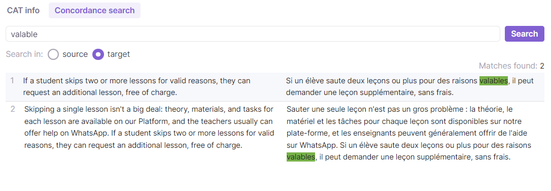 Concordance Search tab showing matches for a keyword from the project translation memories