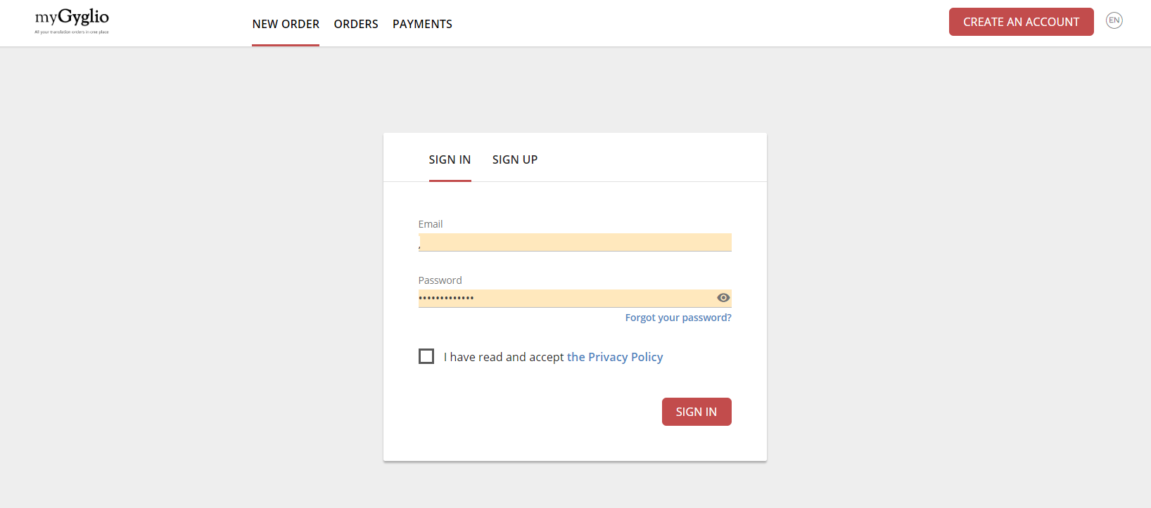 Create an account dialog on the client portal