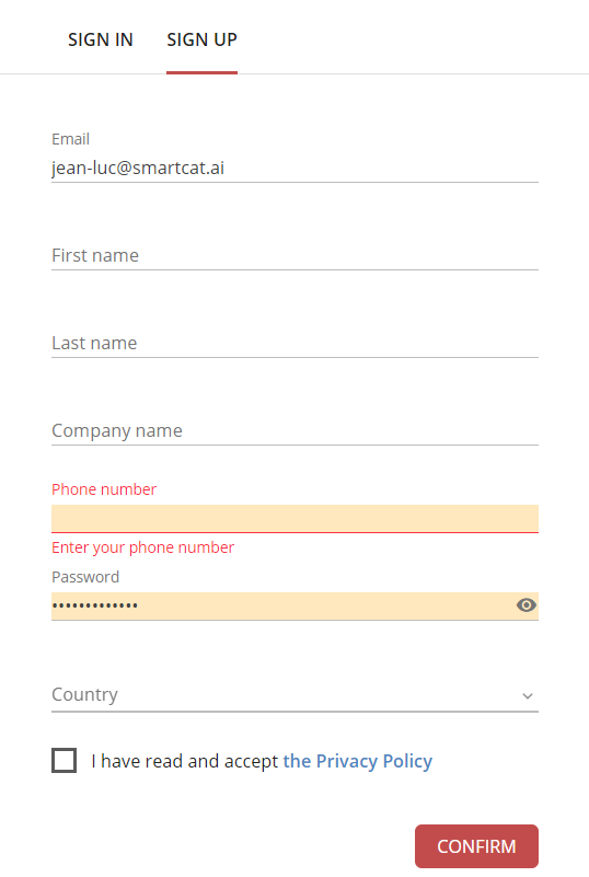 Account creation contact form fields