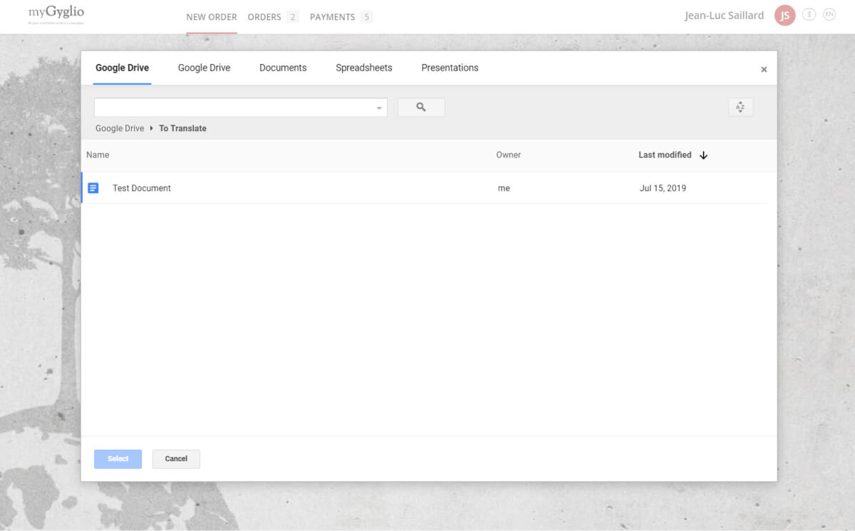 Google Suite file selection from the portal