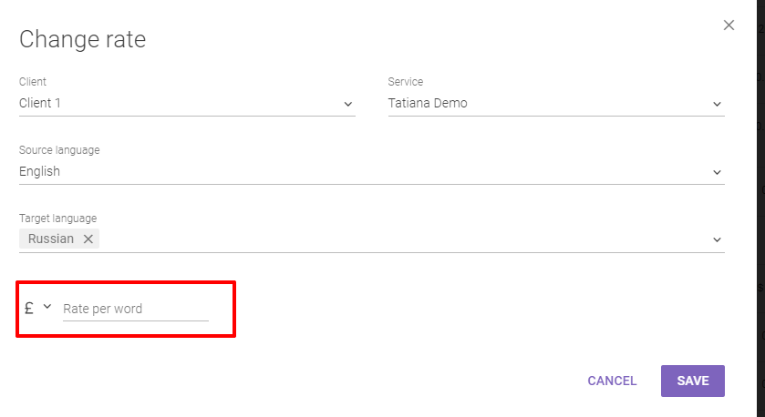 Rate-per-word field set to zero