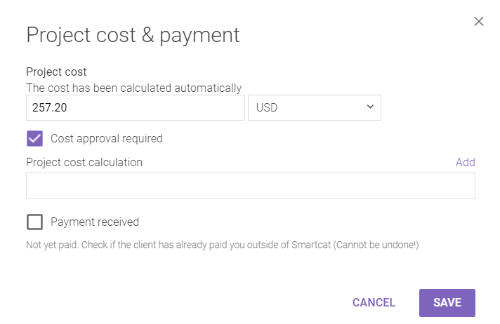 Edit estimate dialog with cost, currency, and supporting document upload