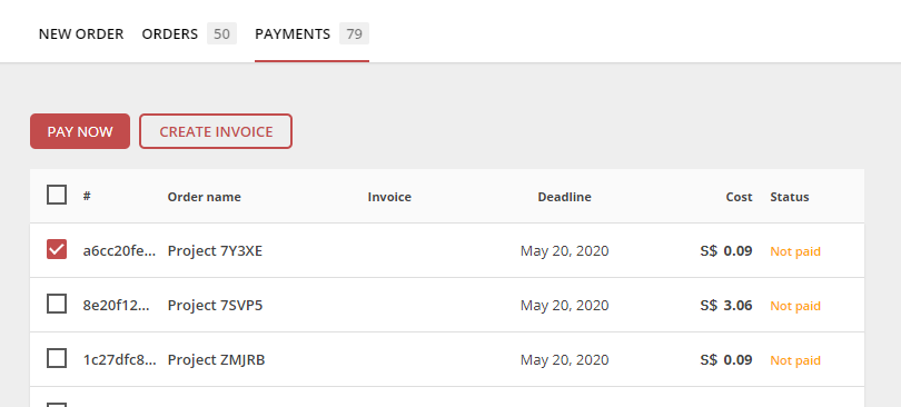 Payments tab listing the project