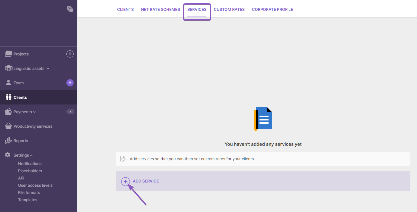 Services tab in the Clients section