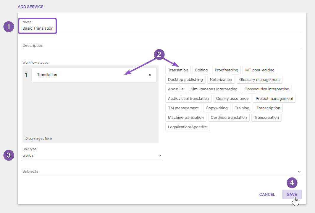 Add service form with fields for name, workflow stages, and unit type