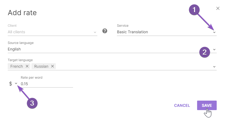 Rate form with service name, language pair, currency, and rate fields