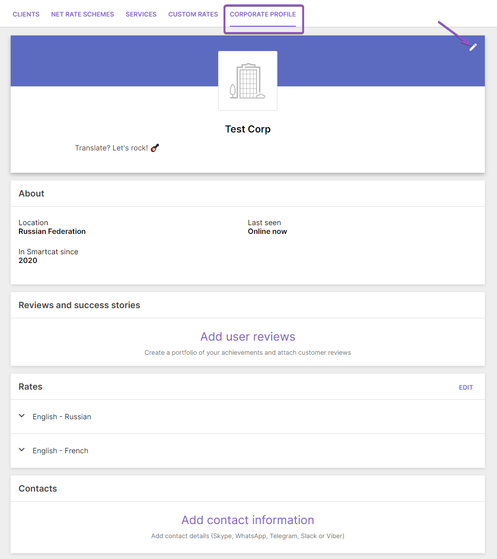 Corporate profile page with company details and services