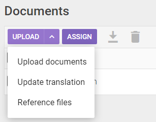Upload button with the Update translation option expanded