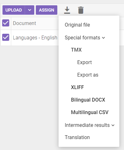 Export menu showing the XLIFF option under Special formats