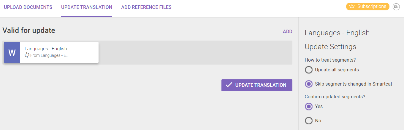 Import wizard showing update settings for XLIFF segments