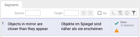 CAT editor showing segments marked as Updated after import