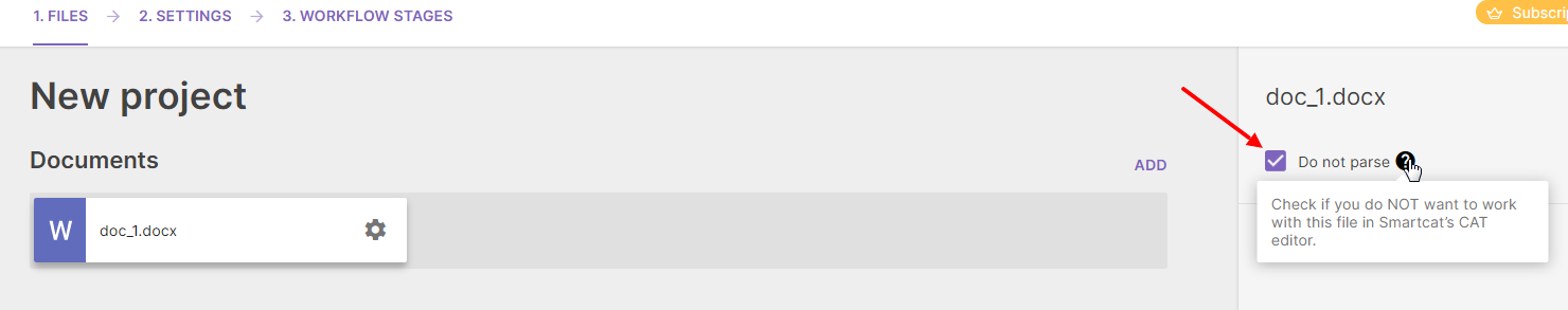 Project creation step showing the Do not parse checkbox next to an uploaded file