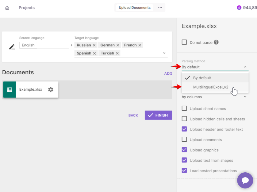 Settings panel showing the MultilingualExcel_v2 parsing method selected