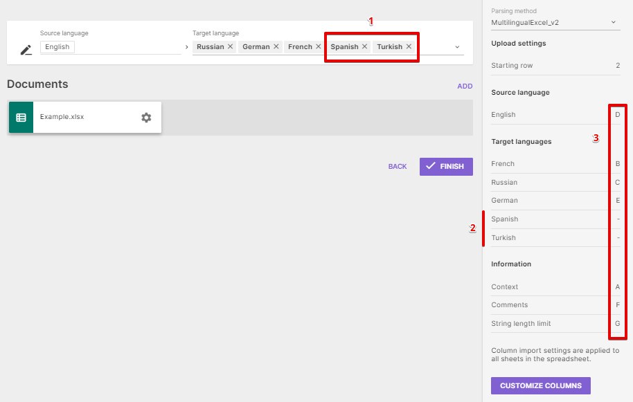 Parsing settings with automatically detected columns highlighted