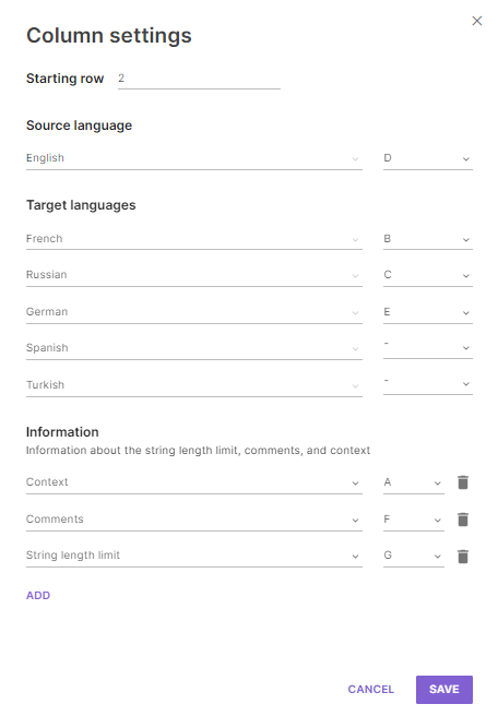 Customize Columns window with column-to-language mapping