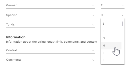 Column dropdown open for manual language mapping