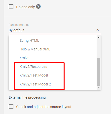 File Formats screen where XML parsing models are configured
