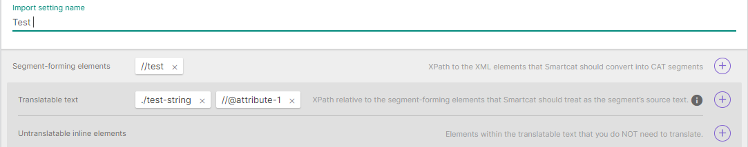 CAT editor showing two segments produced from the translatable text setting
