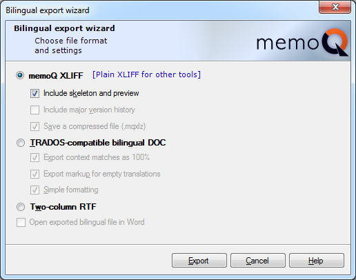 memoQ Export Bilingual dialog showing the memoQ XLIFF and Plain XLIFF for other tools options