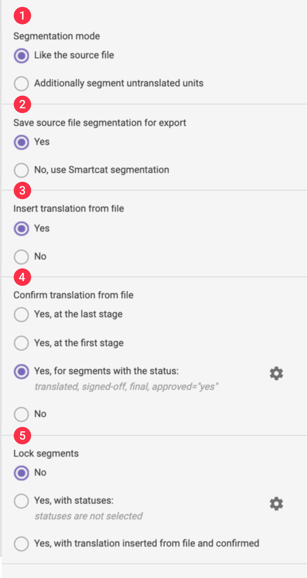 Smartcat import settings for an mqxliff file, with numbered configuration options