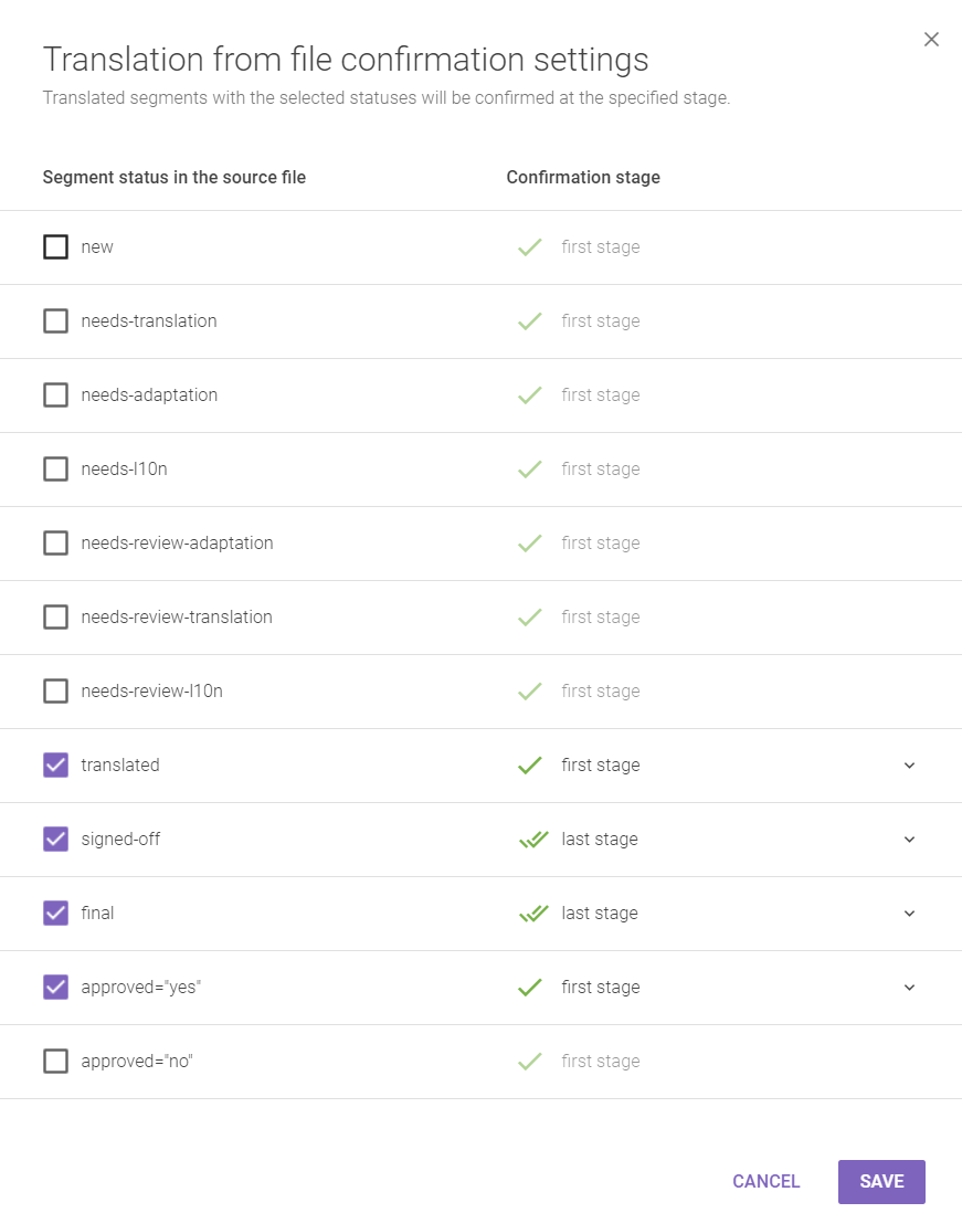 Popup mapping XLIFF segment statuses to Smartcat workflow stages