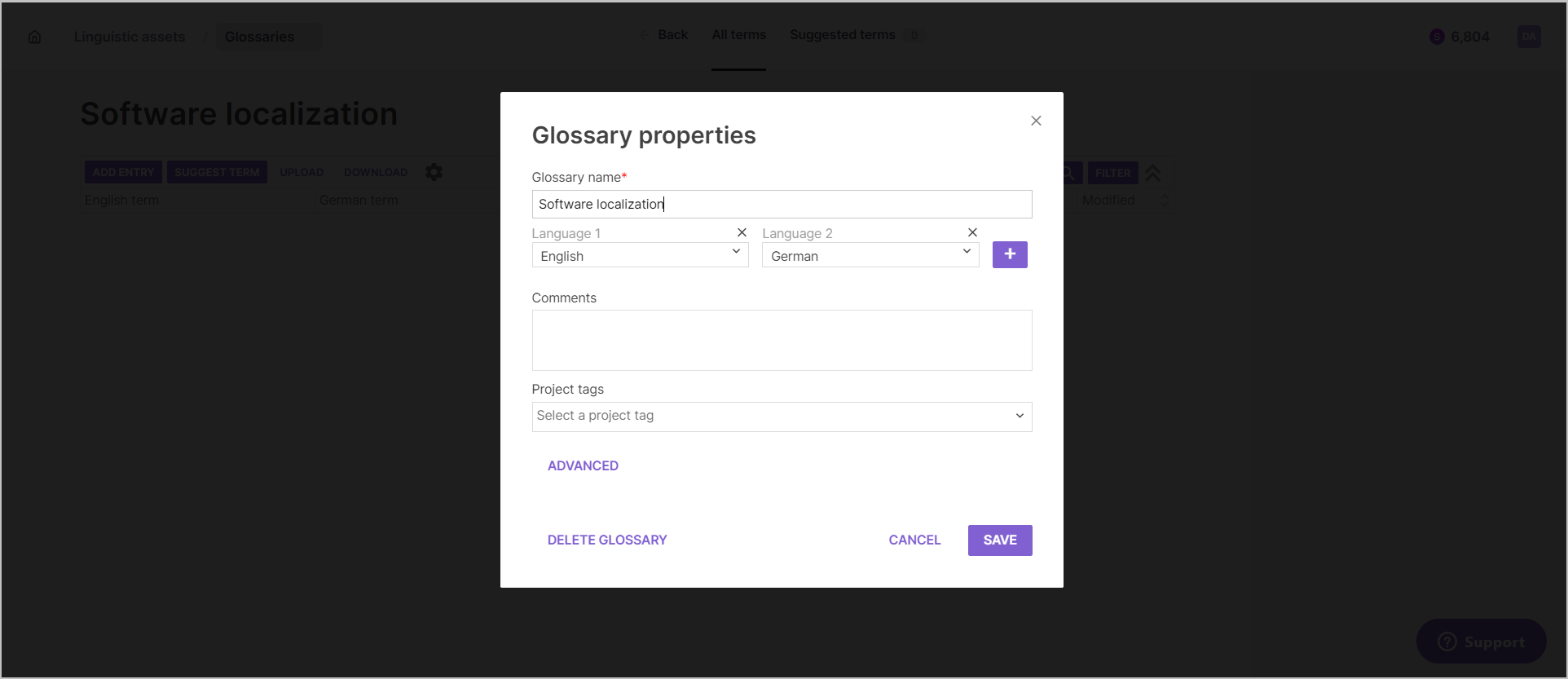 The glossary properties settings