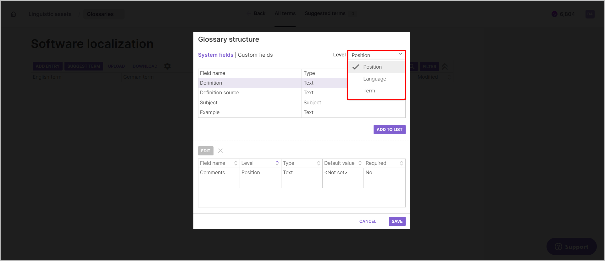 The Glossary structure settings