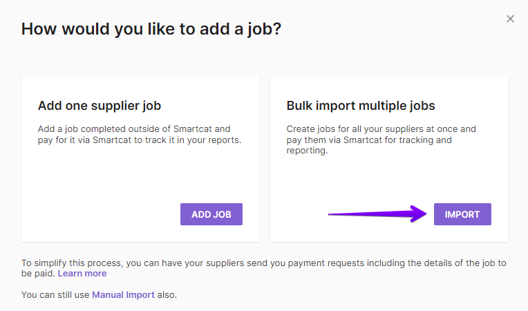 Bulk import multiple jobs section with the Import button